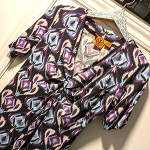 Tory Burch dress silk knot front diamond print black blue and purple size L